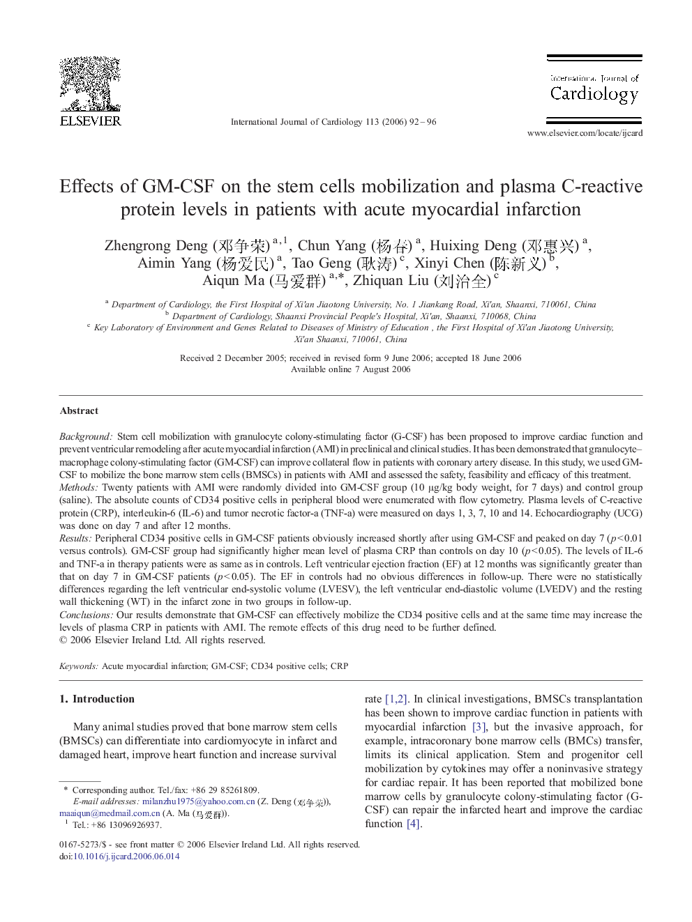 Effects of GM-CSF on the stem cells mobilization and plasma C-reactive protein levels in patients with acute myocardial infarction