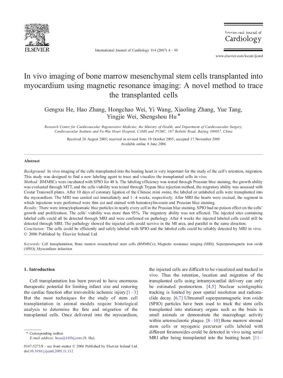 In vivo imaging of bone marrow mesenchymal stem cells transplanted into myocardium using magnetic resonance imaging: A novel method to trace the transplanted cells