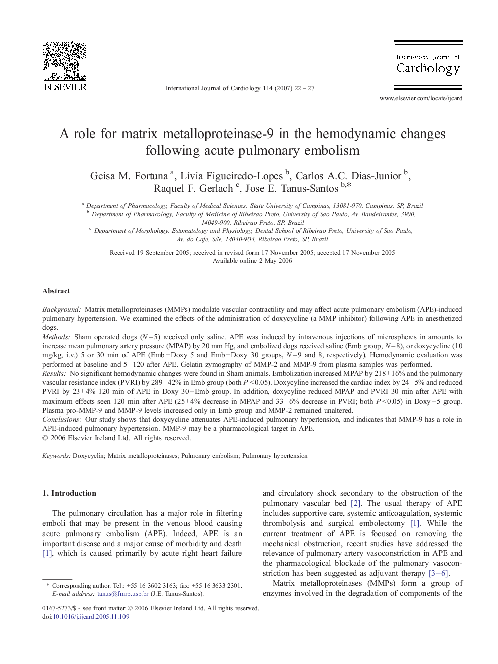 A role for matrix metalloproteinase-9 in the hemodynamic changes following acute pulmonary embolism