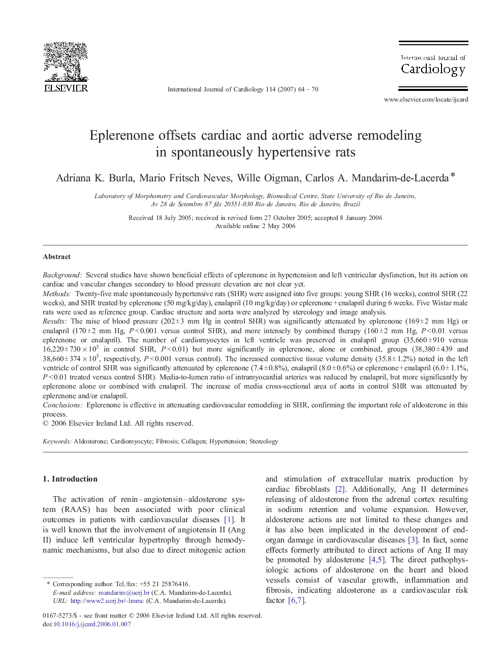 Eplerenone offsets cardiac and aortic adverse remodeling in spontaneously hypertensive rats