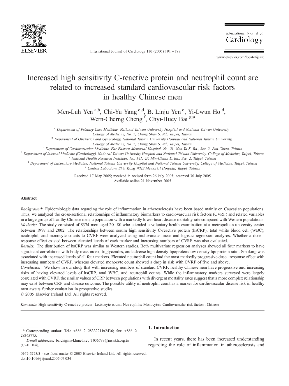 Increased high sensitivity C-reactive protein and neutrophil count are related to increased standard cardiovascular risk factors in healthy Chinese men