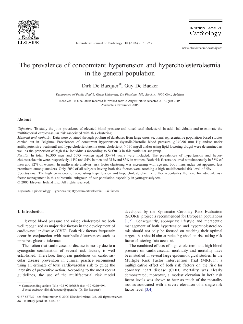 The prevalence of concomitant hypertension and hypercholesterolaemia in the general population