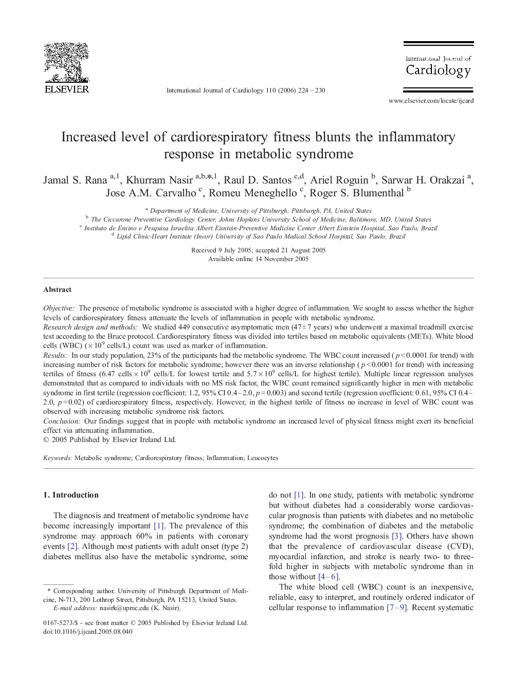 Increased level of cardiorespiratory fitness blunts the inflammatory response in metabolic syndrome