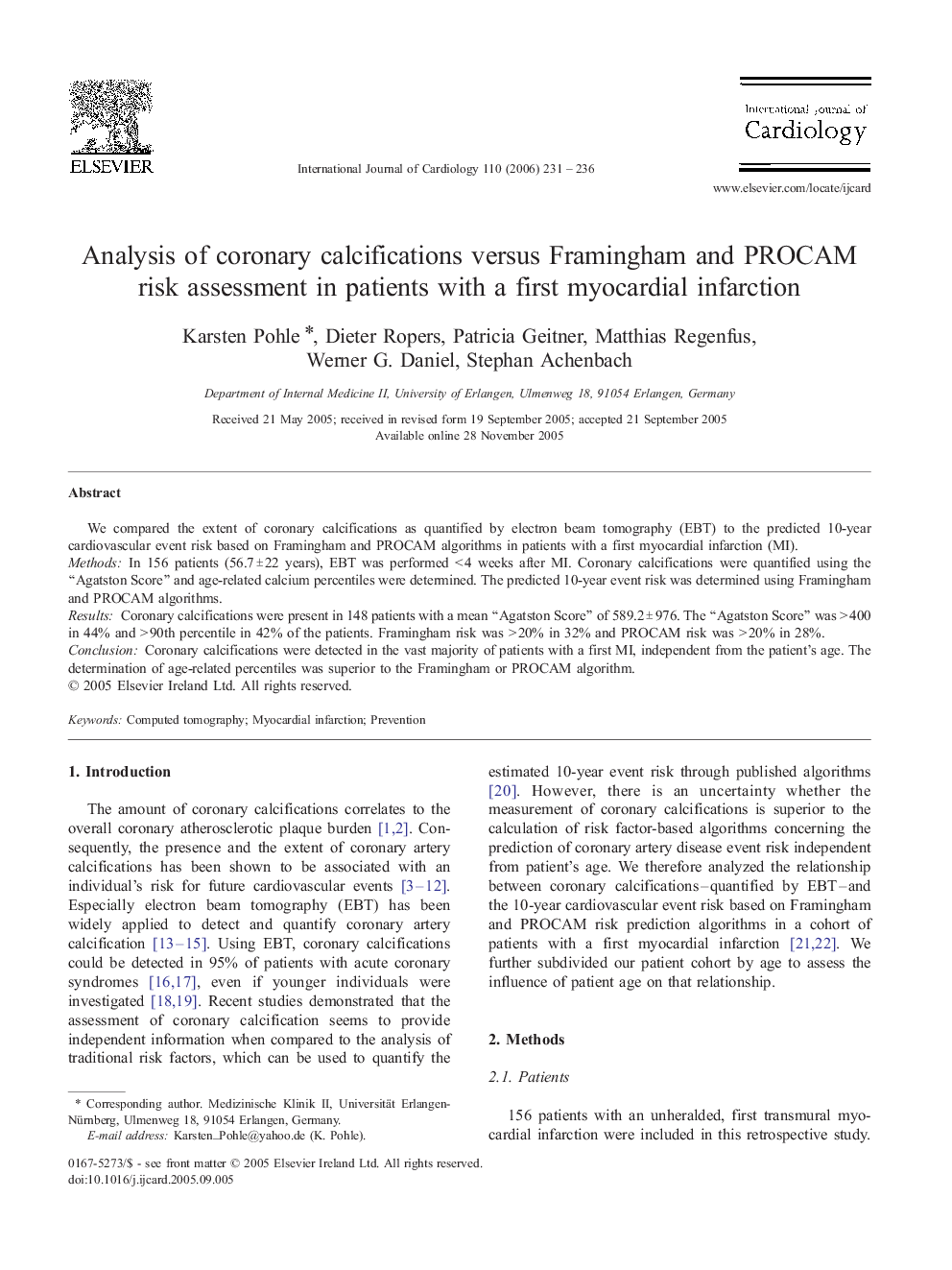 Analysis of coronary calcifications versus Framingham and PROCAM risk assessment in patients with a first myocardial infarction
