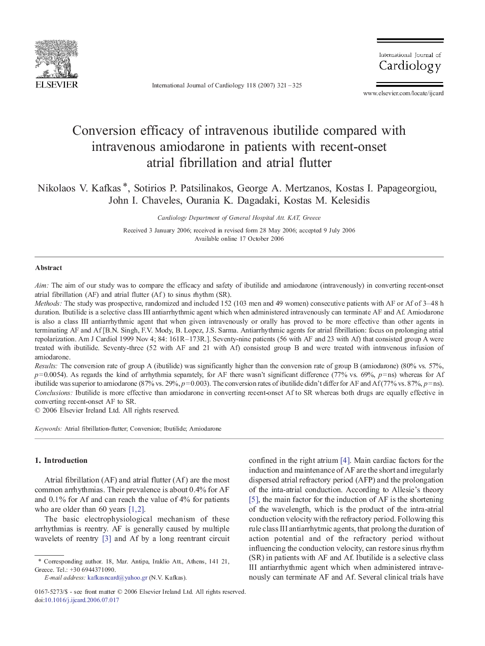 Conversion efficacy of intravenous ibutilide compared with intravenous amiodarone in patients with recent-onset atrial fibrillation and atrial flutter