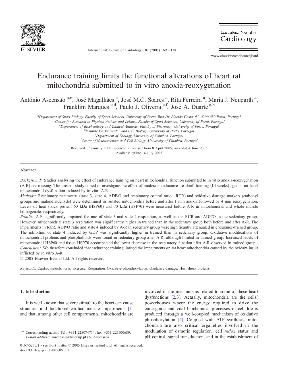 Endurance training limits the functional alterations of heart rat mitochondria submitted to in vitro anoxia-reoxygenation