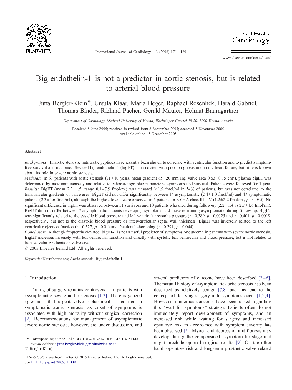 Big endothelin-1 is not a predictor in aortic stenosis, but is related to arterial blood pressure