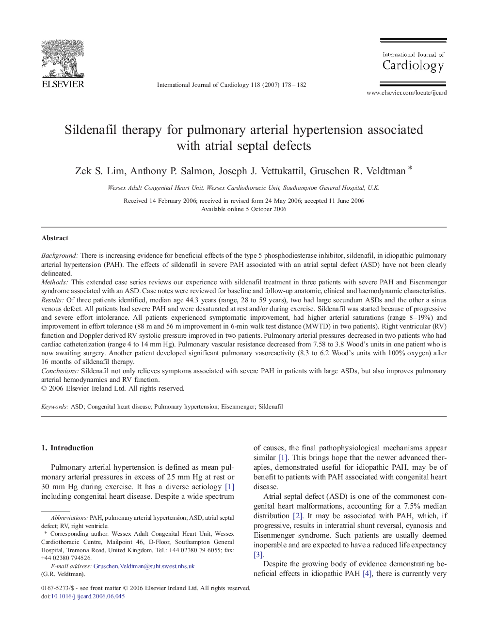 Sildenafil therapy for pulmonary arterial hypertension associated with atrial septal defects