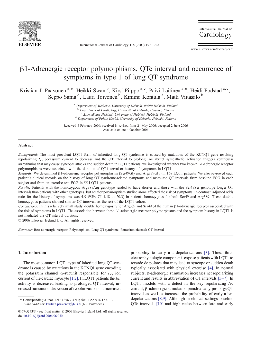 Î²1-Adrenergic receptor polymorphisms, QTc interval and occurrence of symptoms in type 1 of long QT syndrome