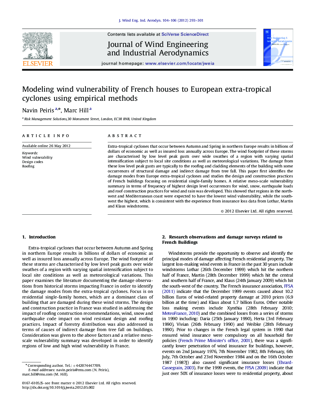 Modeling wind vulnerability of French houses to European extra-tropical cyclones using empirical methods