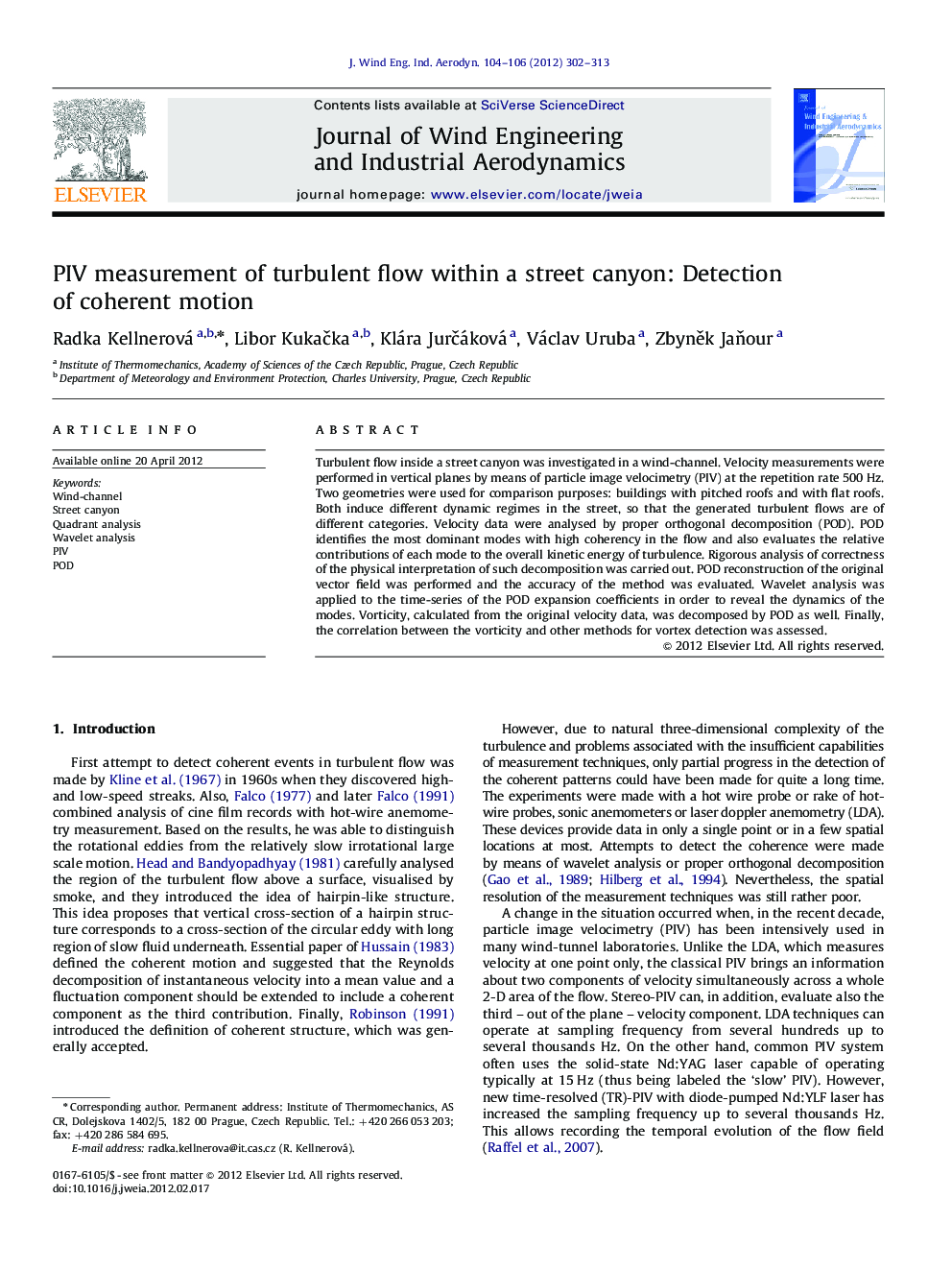 PIV measurement of turbulent flow within a street canyon: Detection of coherent motion