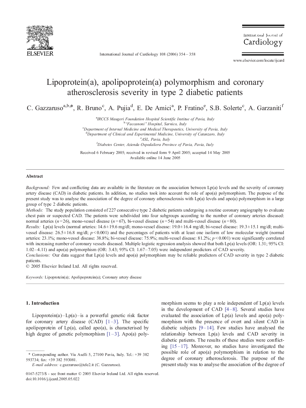 Lipoprotein(a), apolipoprotein(a) polymorphism and coronary atherosclerosis severity in type 2 diabetic patients