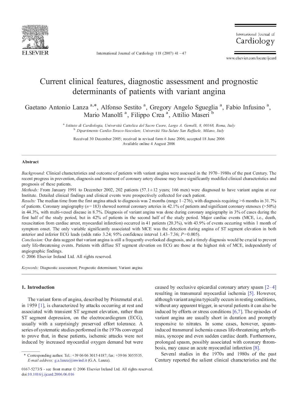 Current clinical features, diagnostic assessment and prognostic determinants of patients with variant angina