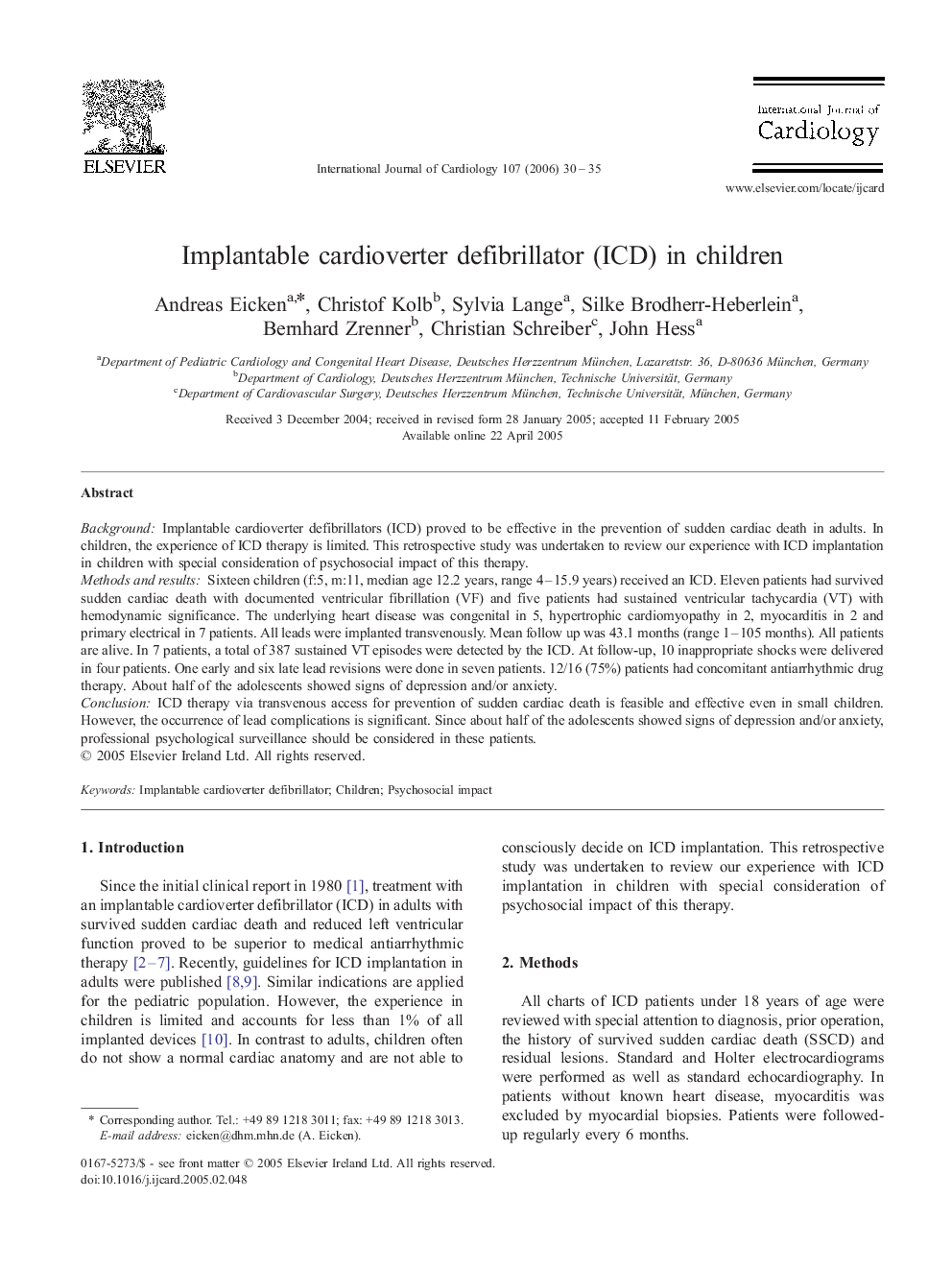 Implantable cardioverter defibrillator (ICD) in children