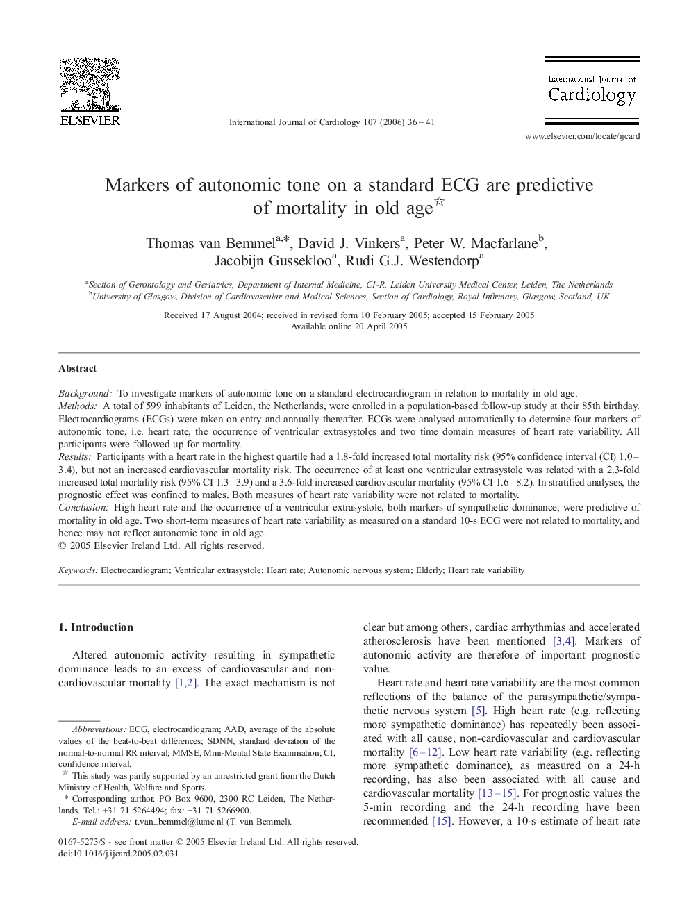 Markers of autonomic tone on a standard ECG are predictive of mortality in old age 