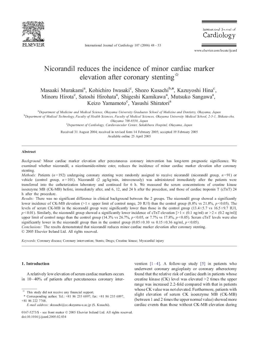 Nicorandil reduces the incidence of minor cardiac marker elevation after coronary stenting 