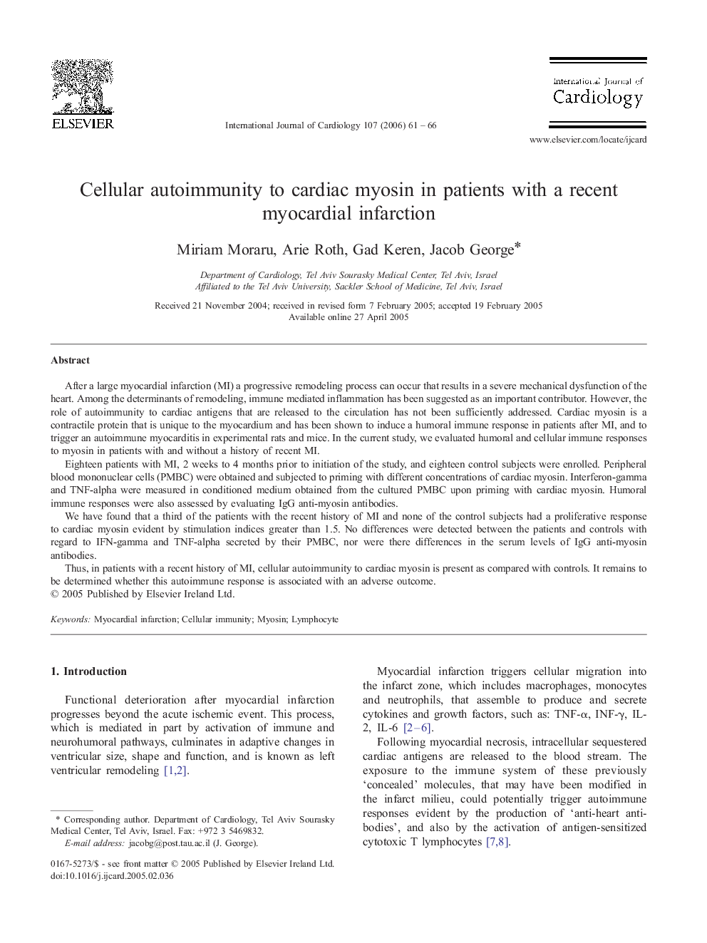 Cellular autoimmunity to cardiac myosin in patients with a recent myocardial infarction