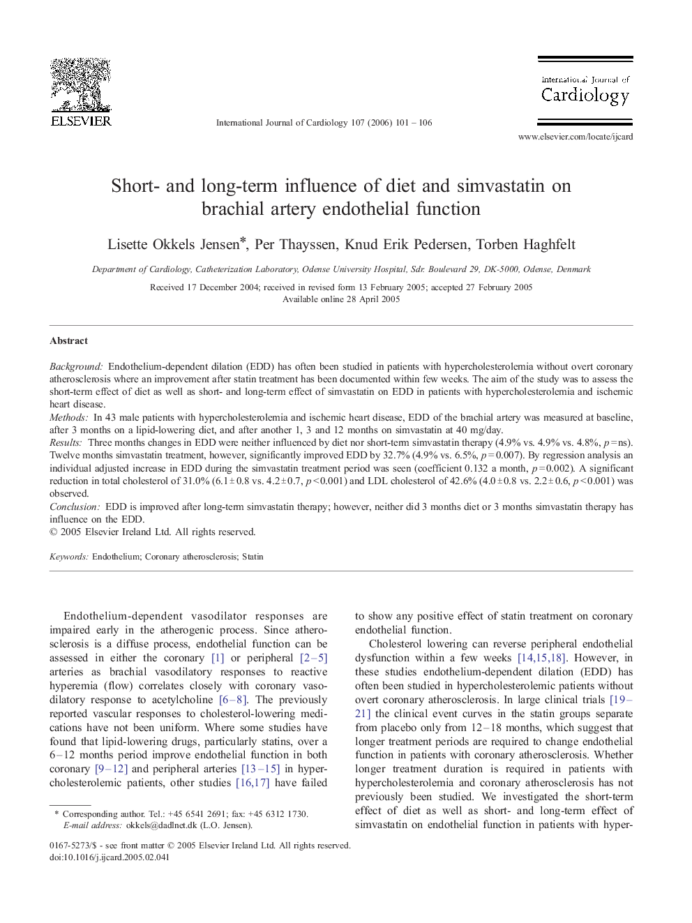 Short- and long-term influence of diet and simvastatin on brachial artery endothelial function