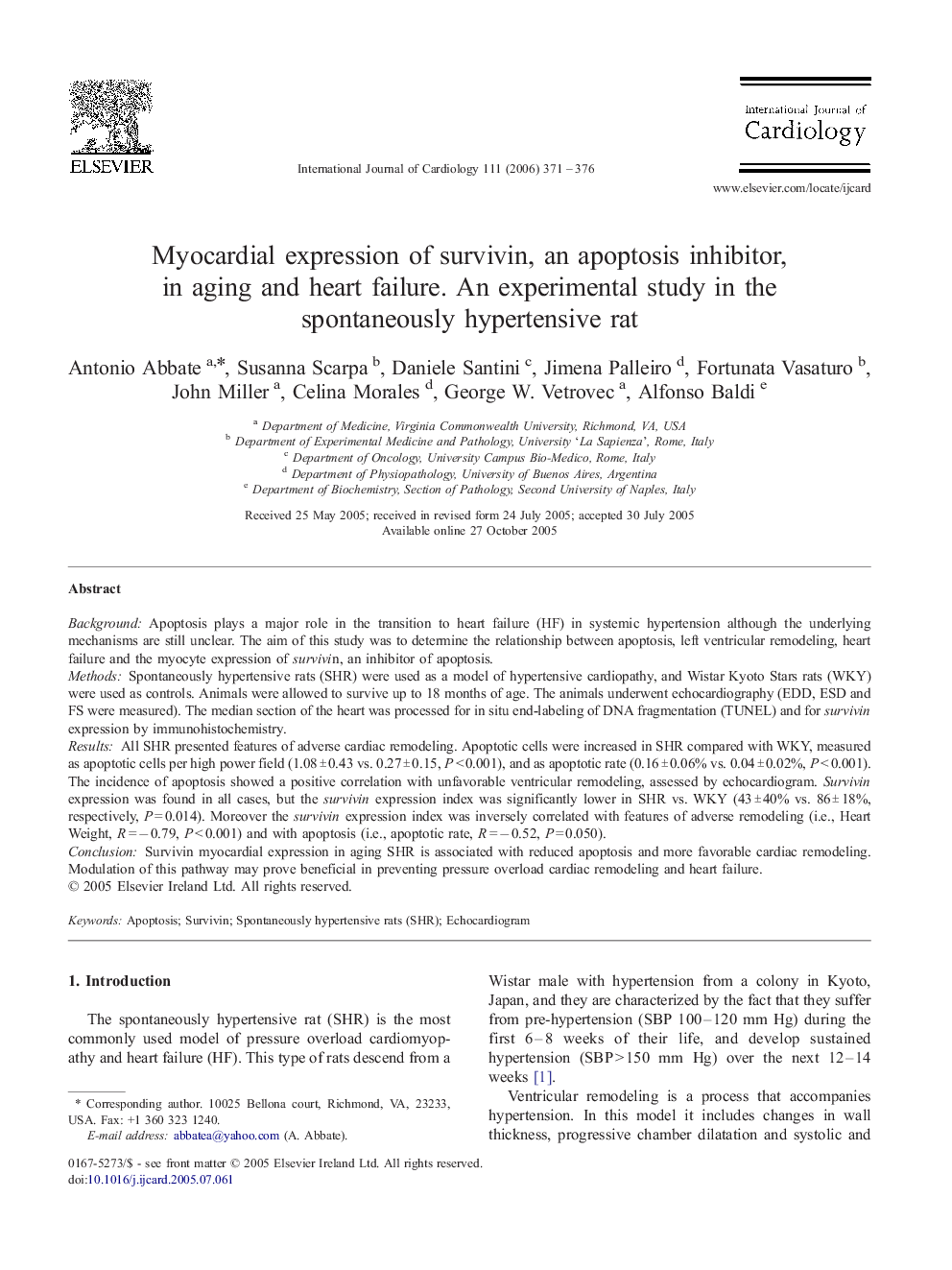 Myocardial expression of survivin, an apoptosis inhibitor, in aging and heart failure. An experimental study in the spontaneously hypertensive rat