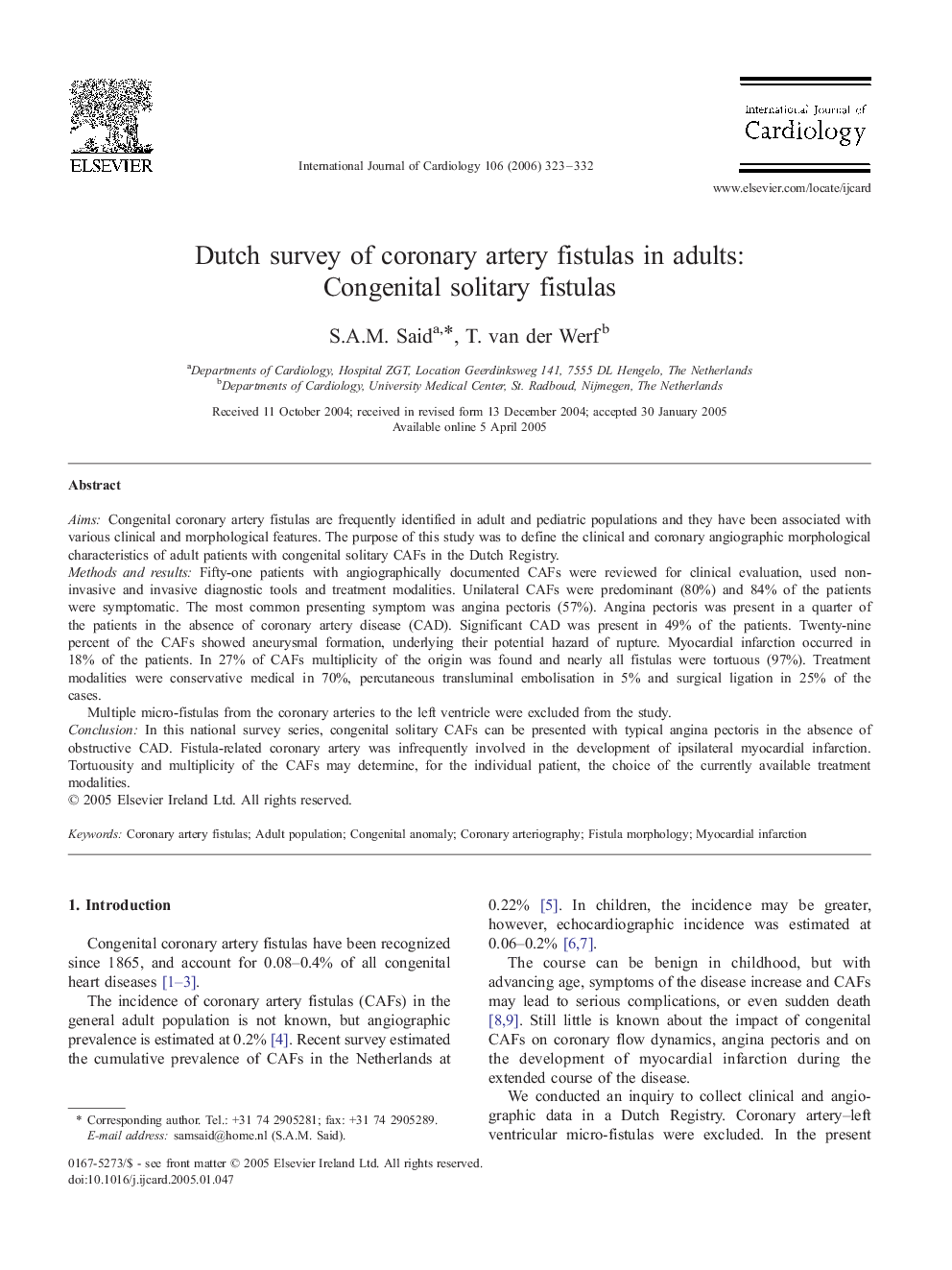 Dutch survey of coronary artery fistulas in adults: Congenital solitary fistulas