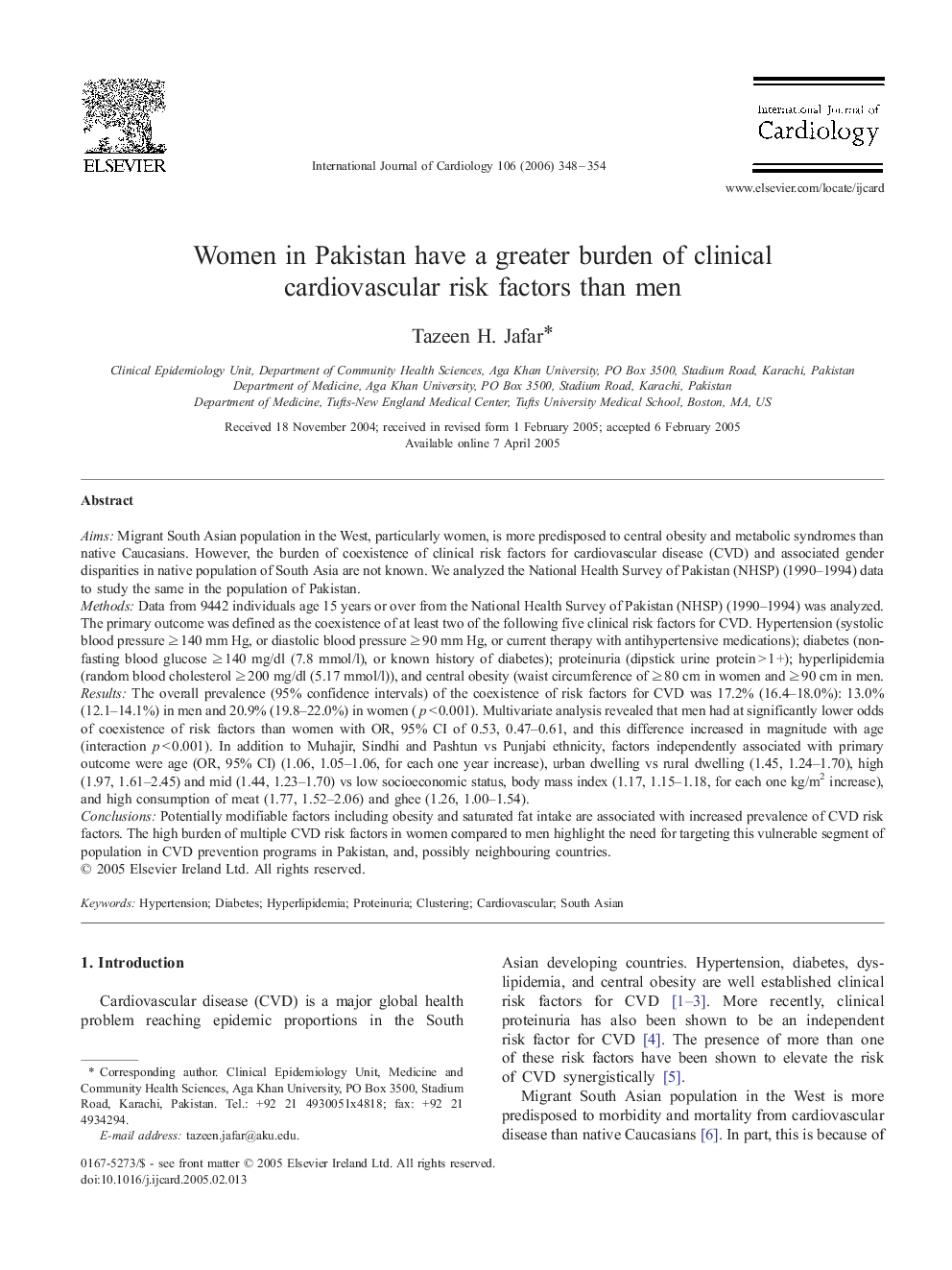 Women in Pakistan have a greater burden of clinical cardiovascular risk factors than men