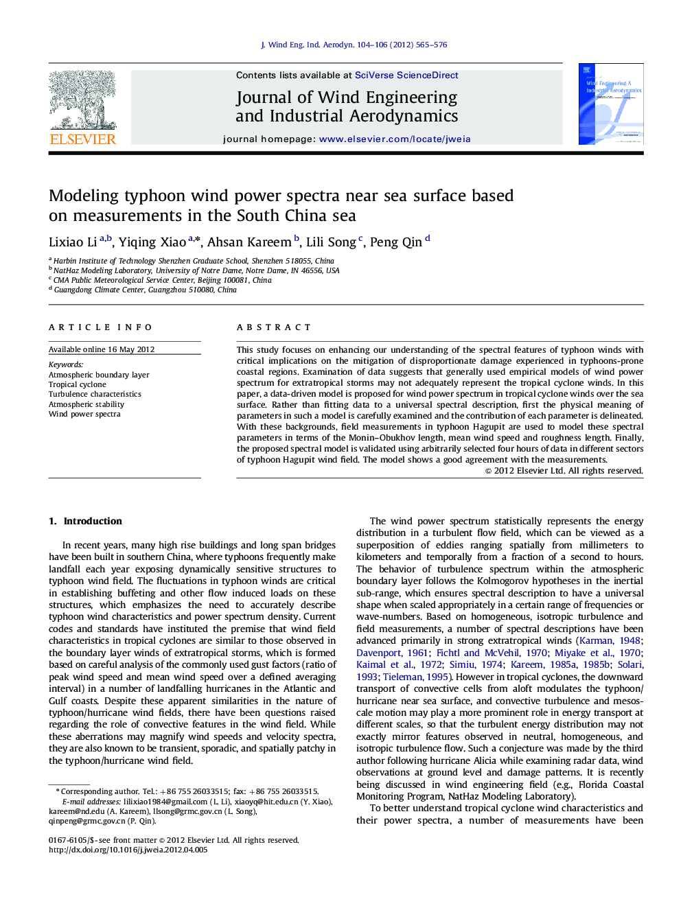 Modeling typhoon wind power spectra near sea surface based on measurements in the South China sea