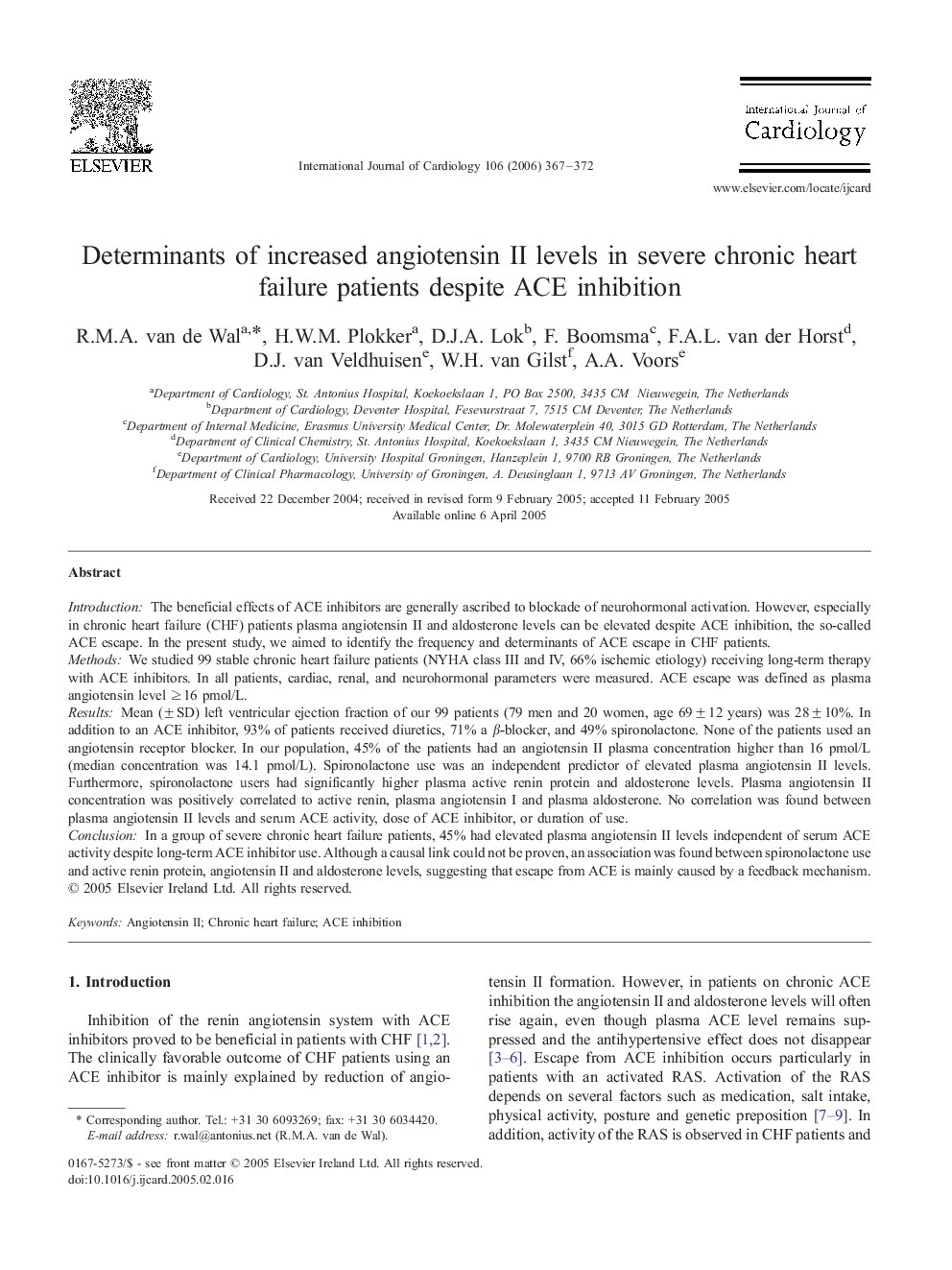 Determinants of increased angiotensin II levels in severe chronic heart failure patients despite ACE inhibition