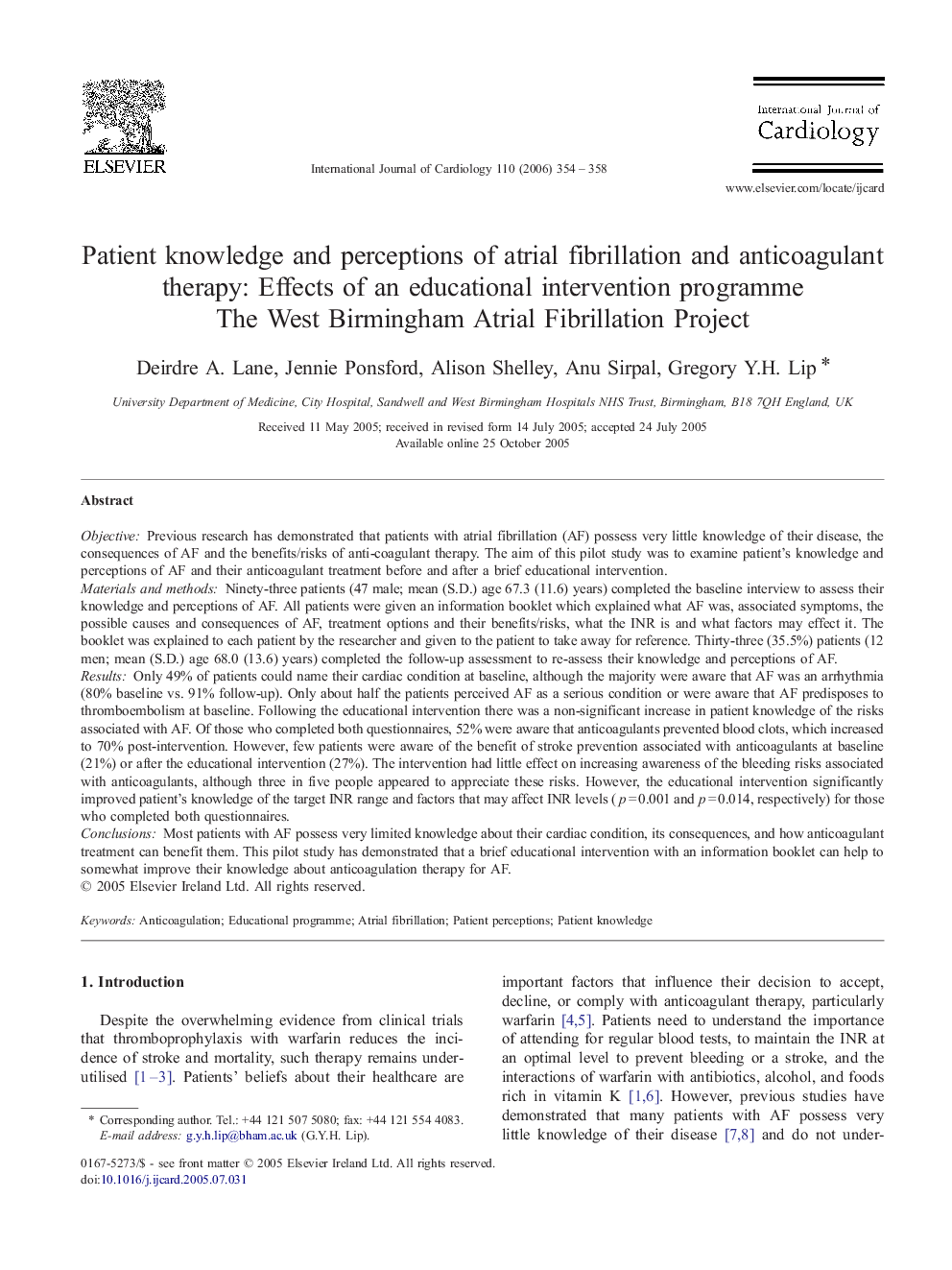 Patient knowledge and perceptions of atrial fibrillation and anticoagulant therapy: Effects of an educational intervention programme: The West Birmingham Atrial Fibrillation Project