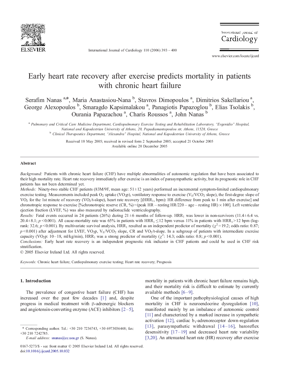 Early heart rate recovery after exercise predicts mortality in patients with chronic heart failure