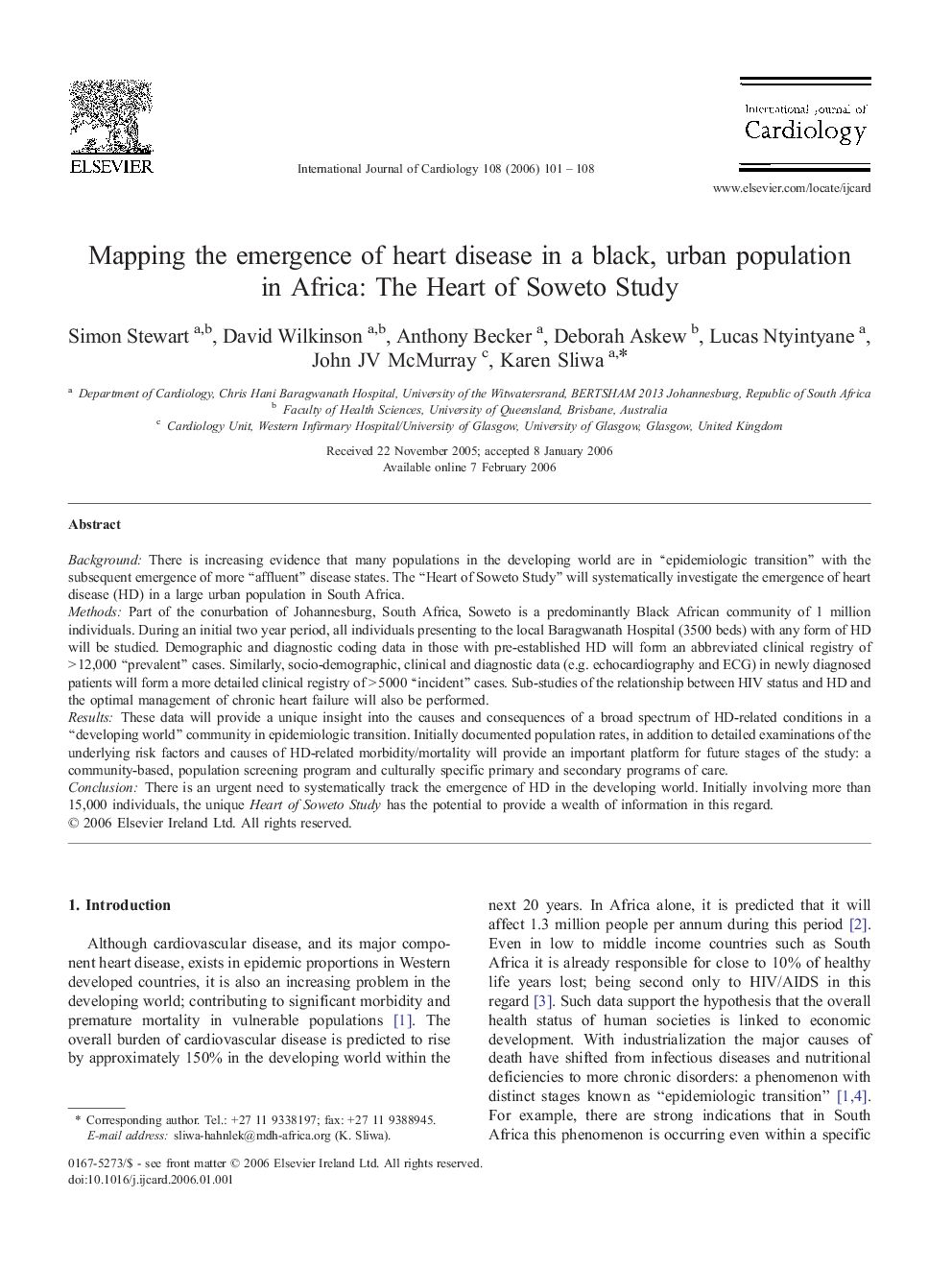 Mapping the emergence of heart disease in a black, urban population in Africa: The Heart of Soweto Study