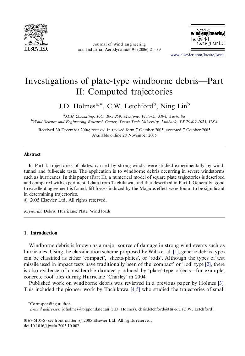 Investigations of plate-type windborne debris—Part II: Computed trajectories