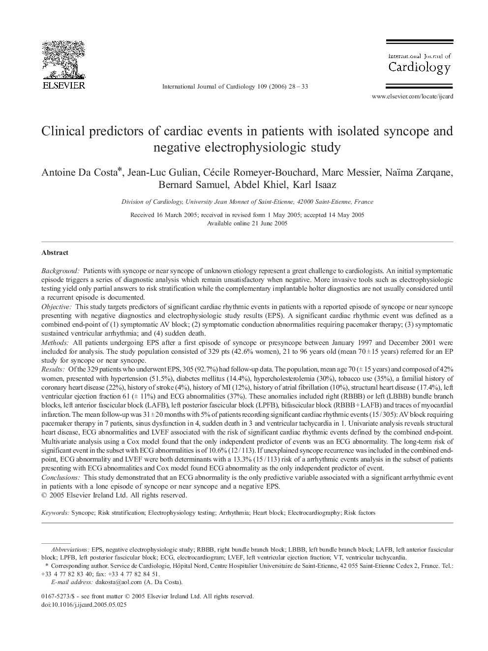 Clinical predictors of cardiac events in patients with isolated syncope and negative electrophysiologic study