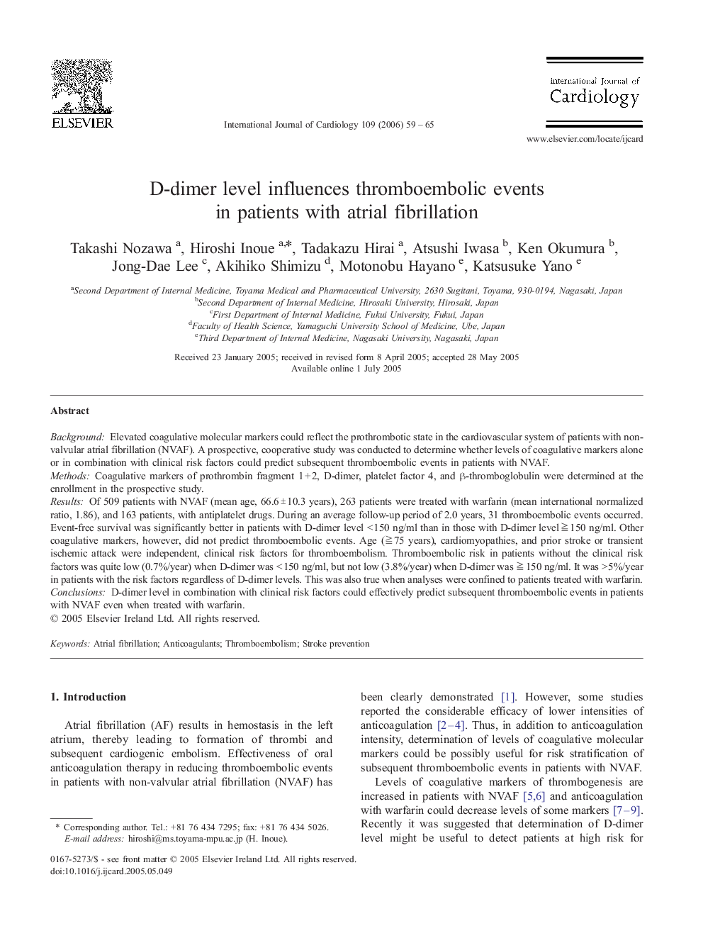 D-dimer level influences thromboembolic events in patients with atrial fibrillation