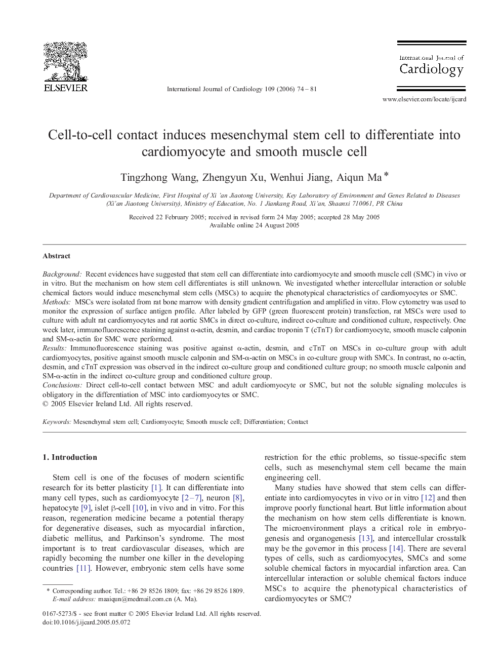 Cell-to-cell contact induces mesenchymal stem cell to differentiate into cardiomyocyte and smooth muscle cell