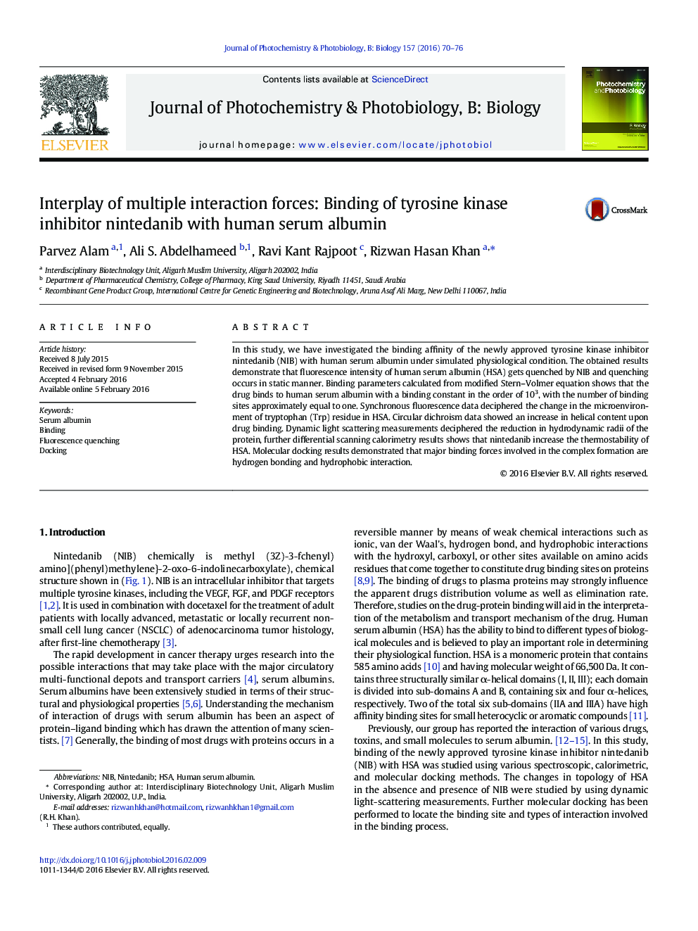 Interplay of multiple interaction forces: Binding of tyrosine kinase inhibitor nintedanib with human serum albumin