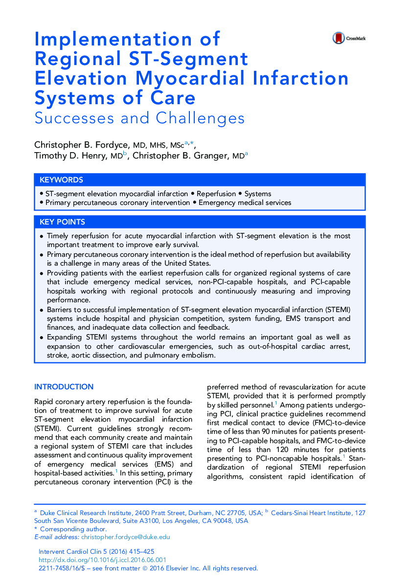 Implementation of Regional ST-Segment Elevation Myocardial Infarction Systems of Care