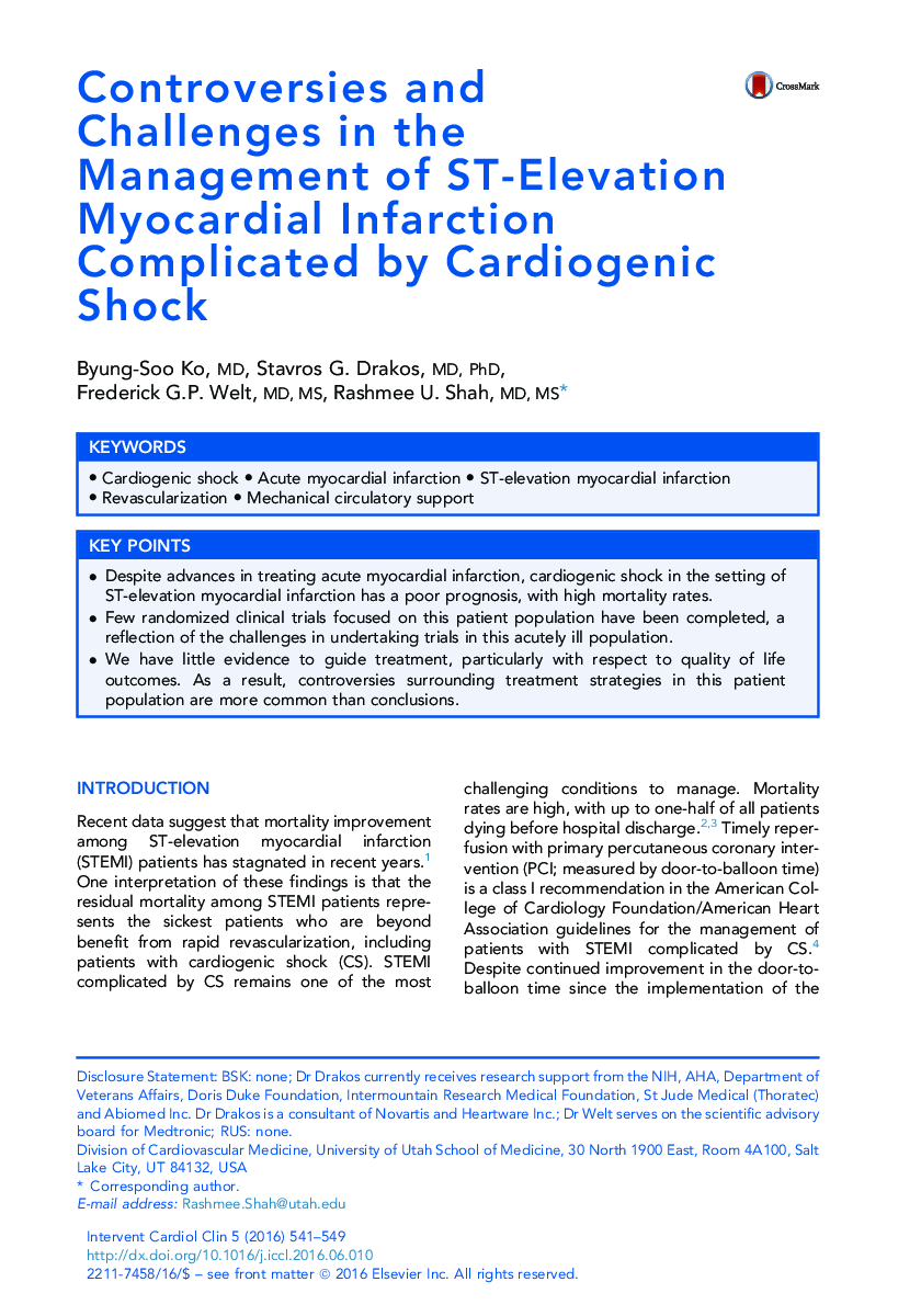عکس صفحه اول مقاله: Controversies and Challenges in the Management of ST-Elevation Myocardial Infarction Complicated by Cardiogenic Shock Controversies and Challenges in the Management of ST-Elevation Myocardial Infarction Complicated by Cardiogenic Shock