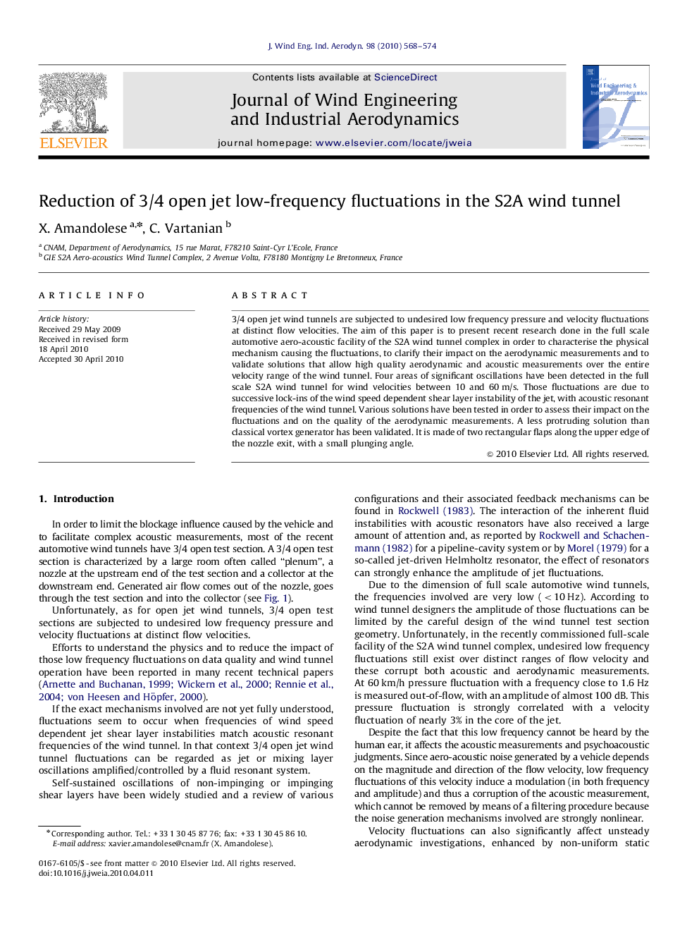 Reduction of 3/4 open jet low-frequency fluctuations in the S2A wind tunnel