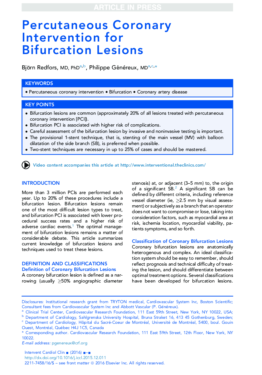 Percutaneous Coronary Intervention for Bifurcation Lesions