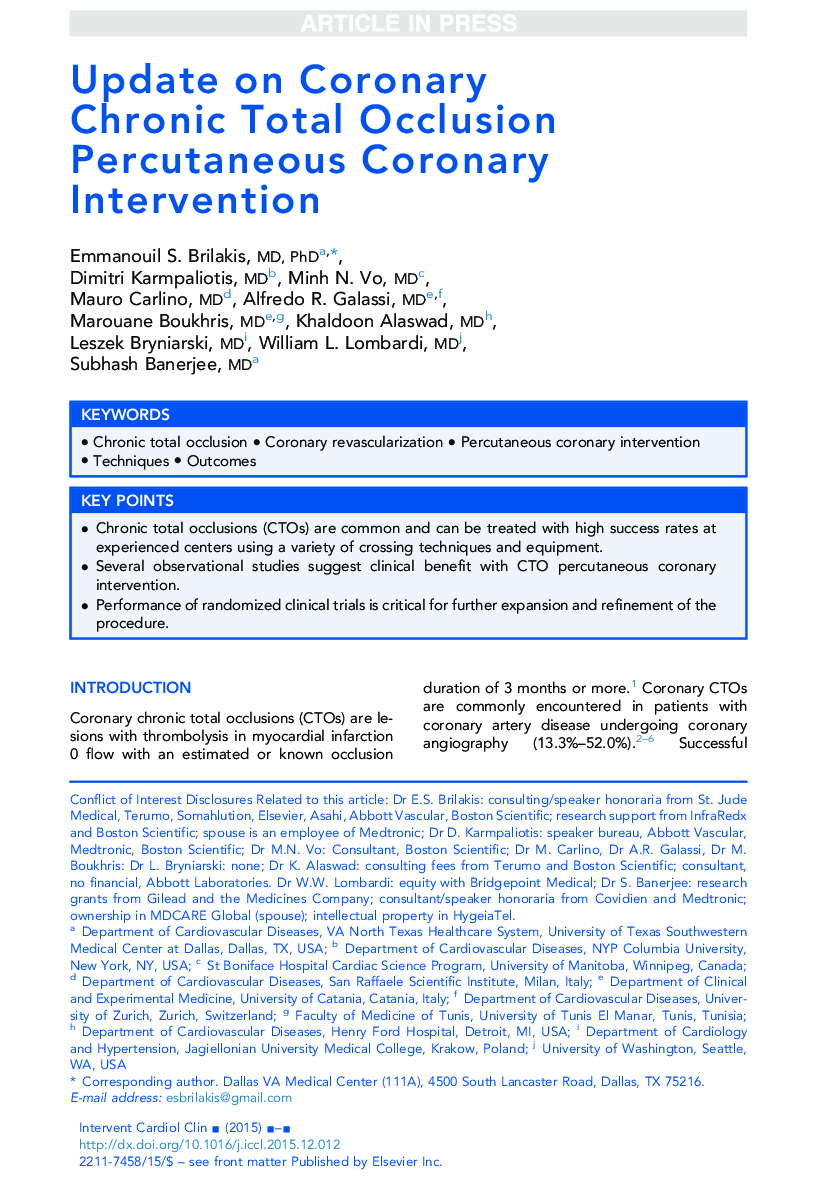 Update on Coronary Chronic Total Occlusion Percutaneous Coronary Intervention