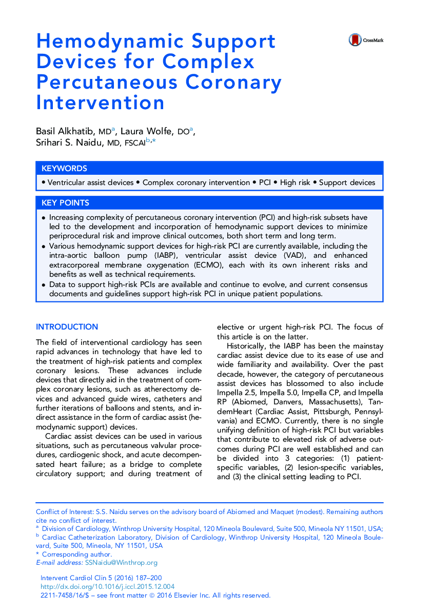 Hemodynamic Support Devices for Complex Percutaneous Coronary Intervention