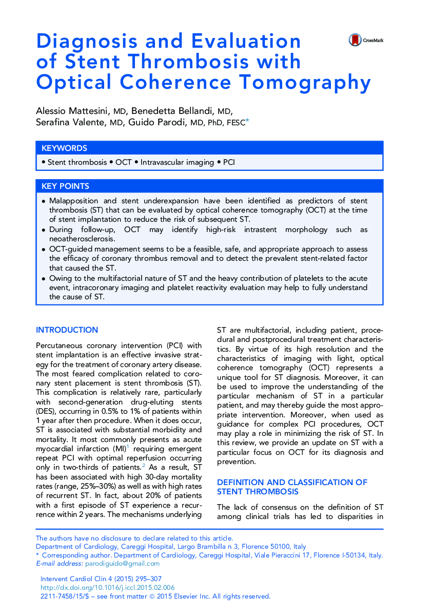 Diagnosis and Evaluation of Stent Thrombosis with Optical Coherence Tomography