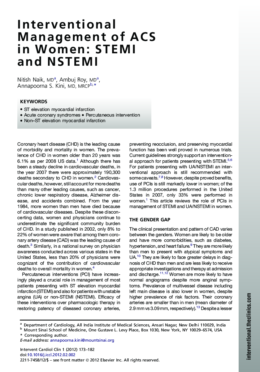 Interventional Management of ACS in Women: STEMI and NSTEMI