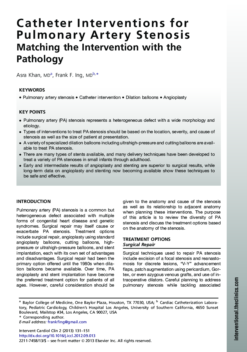 Catheter Interventions for Pulmonary Artery Stenosis