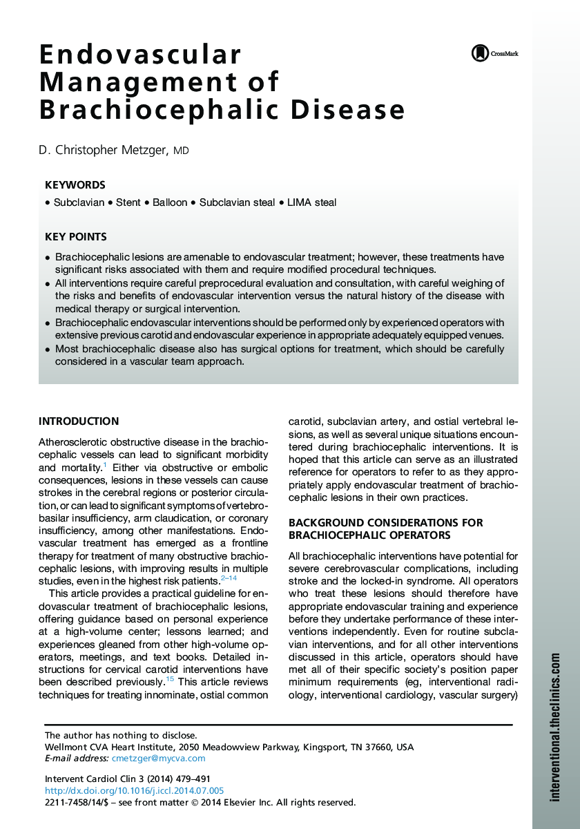Endovascular Management of Brachiocephalic Disease