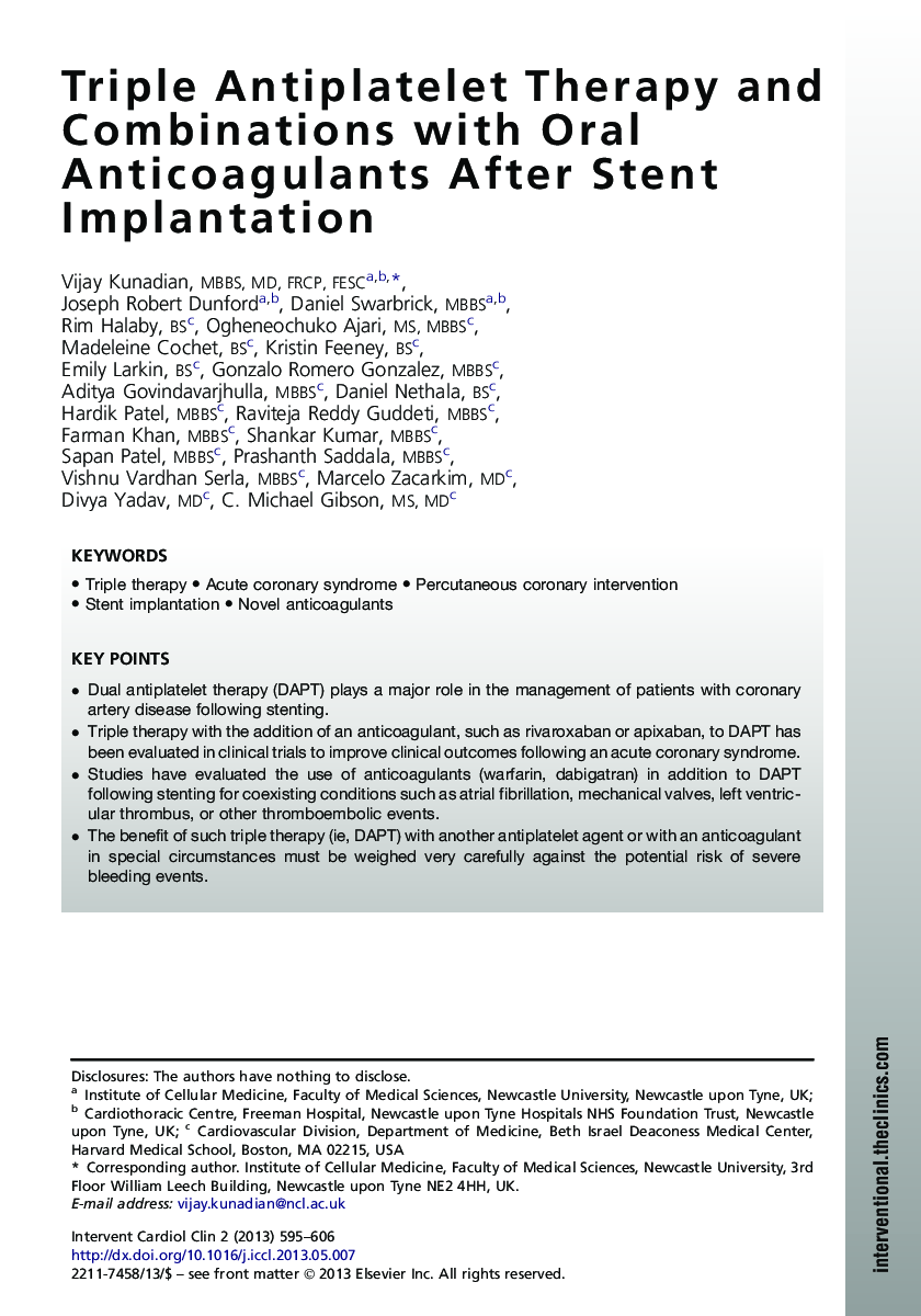 Triple Antiplatelet Therapy and Combinations with Oral Anticoagulants After Stent Implantation