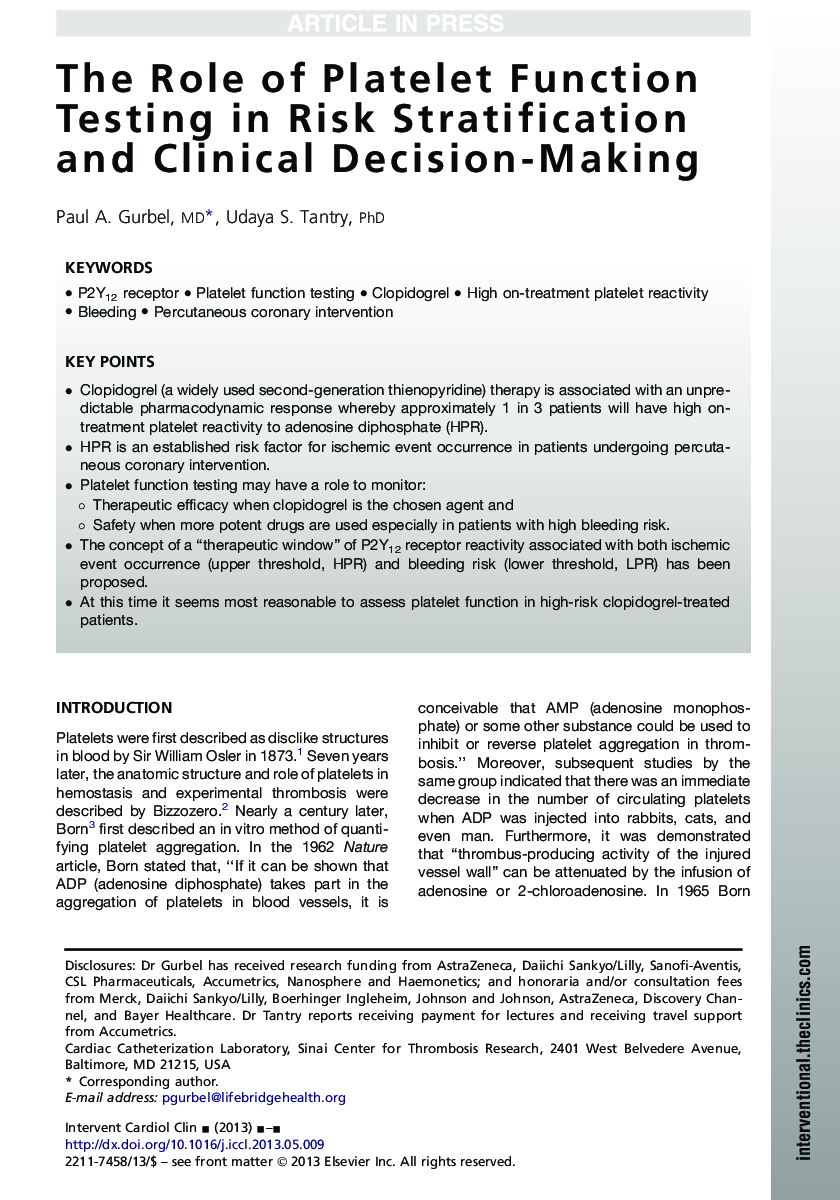 The Role of Platelet Function Testing in Risk Stratification and Clinical Decision-Making