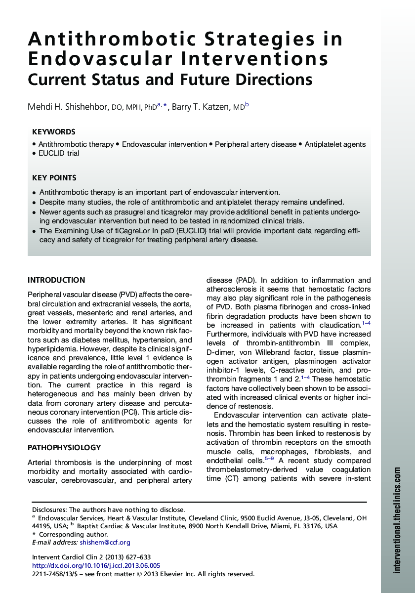 Antithrombotic Strategies in Endovascular Interventions