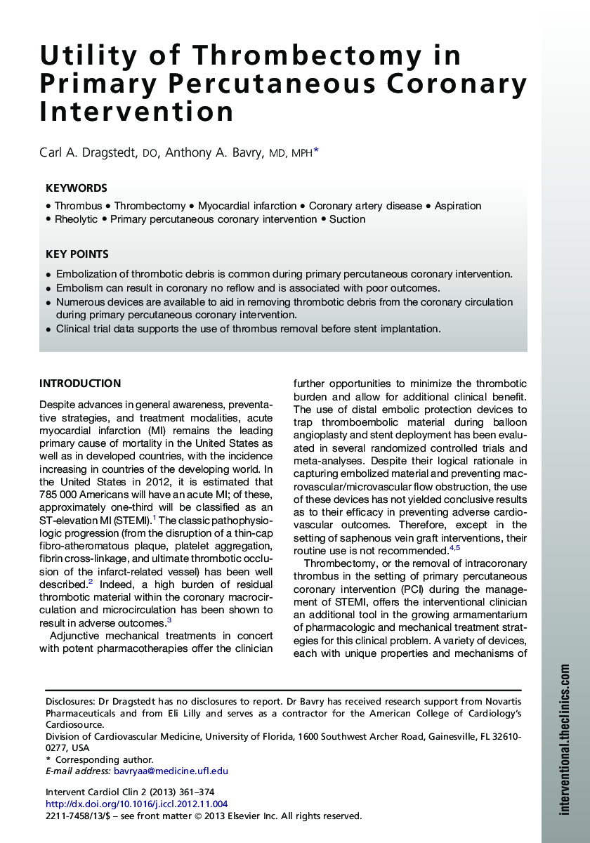 عکس صفحه اول مقاله: Utility of Thrombectomy in Primary Percutaneous Coronary Intervention Utility of Thrombectomy in Primary Percutaneous Coronary Intervention