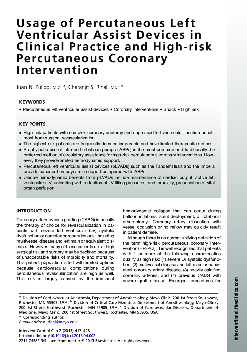 Usage of Percutaneous Left Ventricular Assist Devices in Clinical Practice and High-risk Percutaneous Coronary Intervention